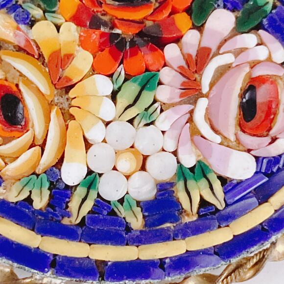 Vintage Italian Art Deco Micro Mosaic Brooch Floral Brass Oval C Clasp Pin 1930s - Picture 2 of 9